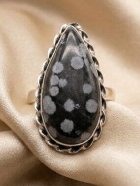 Obsidian Snowflake Adjustable Ring Black White Speckled Stone 1.25"